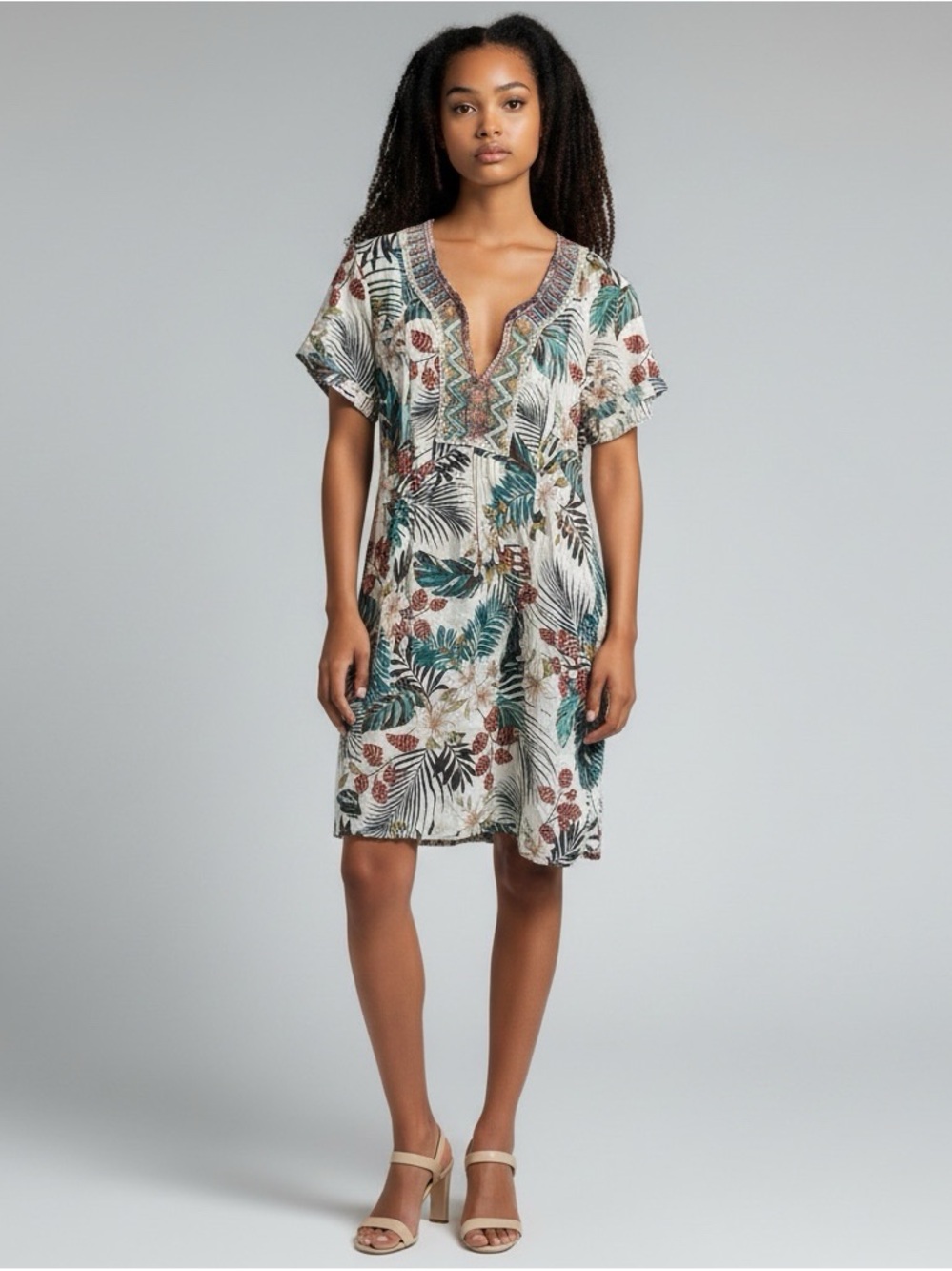 Johnny Was Ivory Tropical Print Short Dress with Teal & Rust Accents